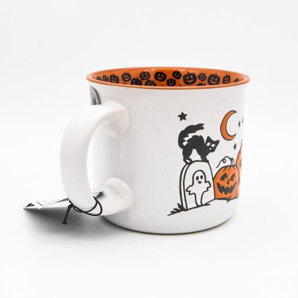 Halloween Pumpkin Mug, 23oz White Ceramic Mug w/ Black Cat Graveyard Design, New - Picture 5 of 10